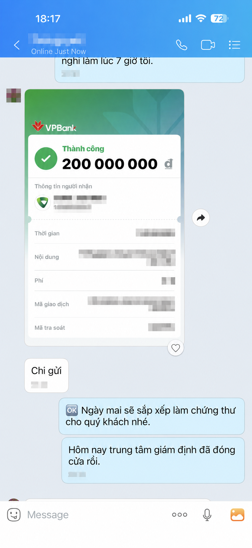 Xác nhận giao dịch 200 triệu đồng